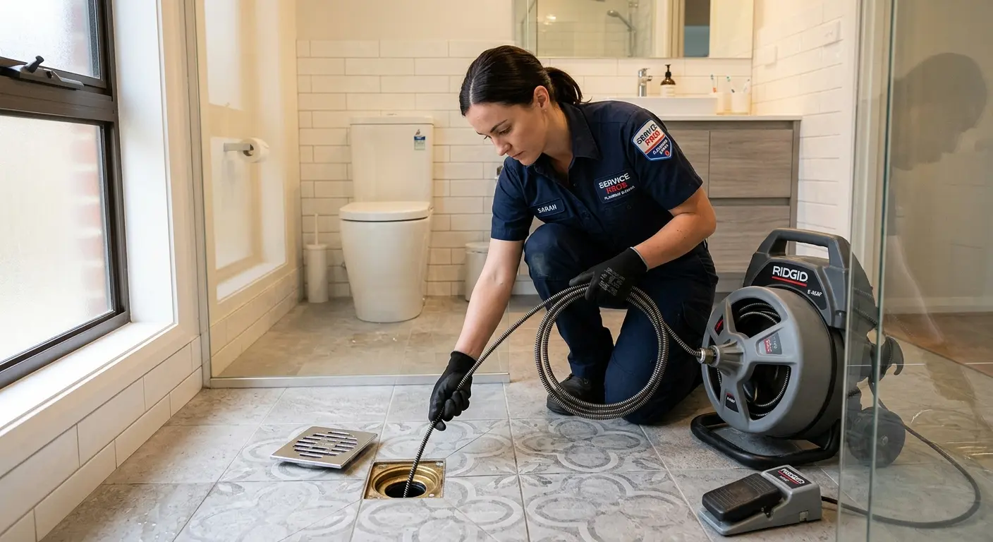 Technician clearing a bathroom floor drain for Drain Cleaning in Old Forge